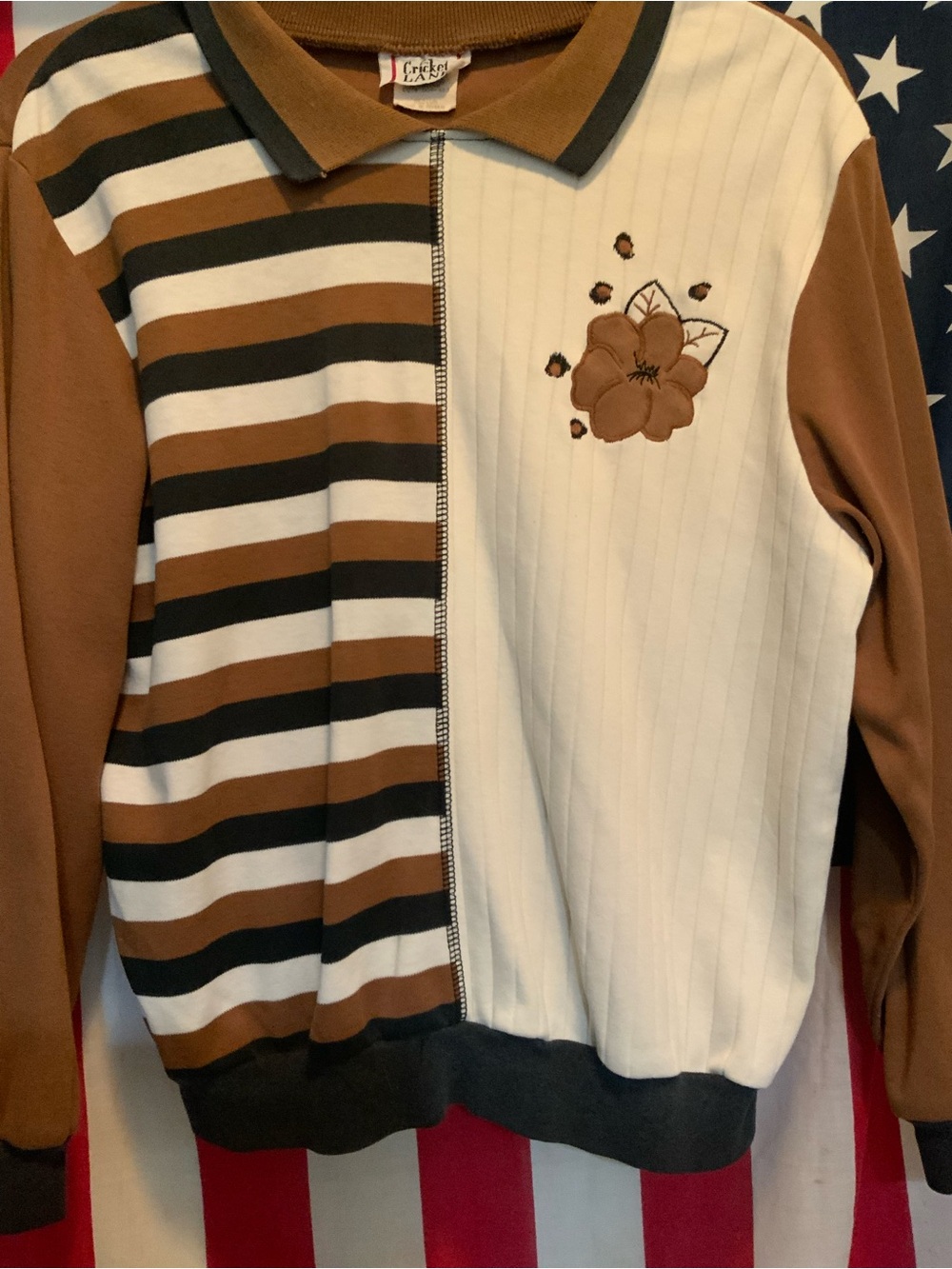 Vintage Two-Tone Floral Zip Front Long Sleeve Top - Brown/White - Picture 3 of 5